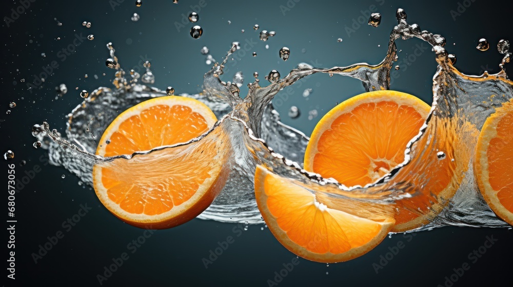 Poster a group of oranges with water splashing out of them on a black and blue background with a black back