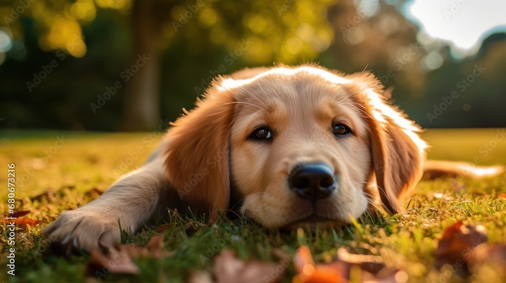 Poster a close up of a dog laying in a field of grass with leaves on the ground and trees in the background