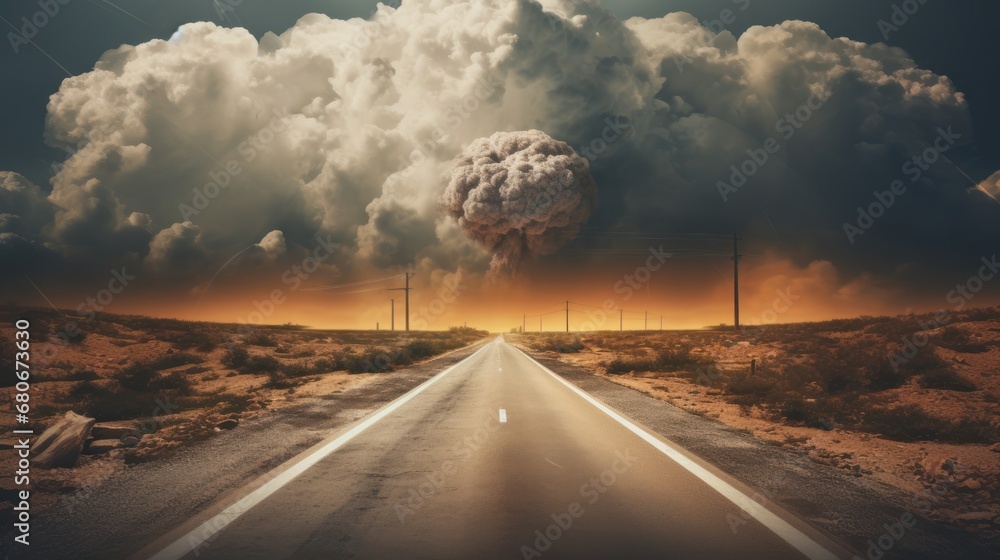 Poster an image of a long road with a large mushroom on the top of it in the middle of the desert.