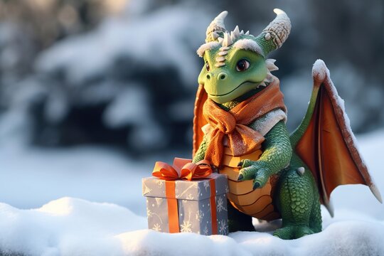 Green dragon statue symbol of 2024 year with christmass gift boxes