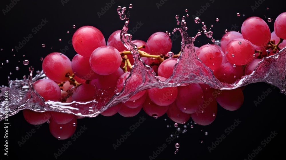Poster a bunch of grapes with water splashing out of them on a black background with a black background and