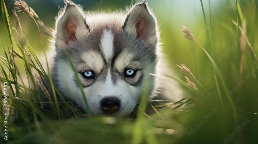 Poster a close up of a dog laying in a field of grass and looking at the camera with a sad look on its face