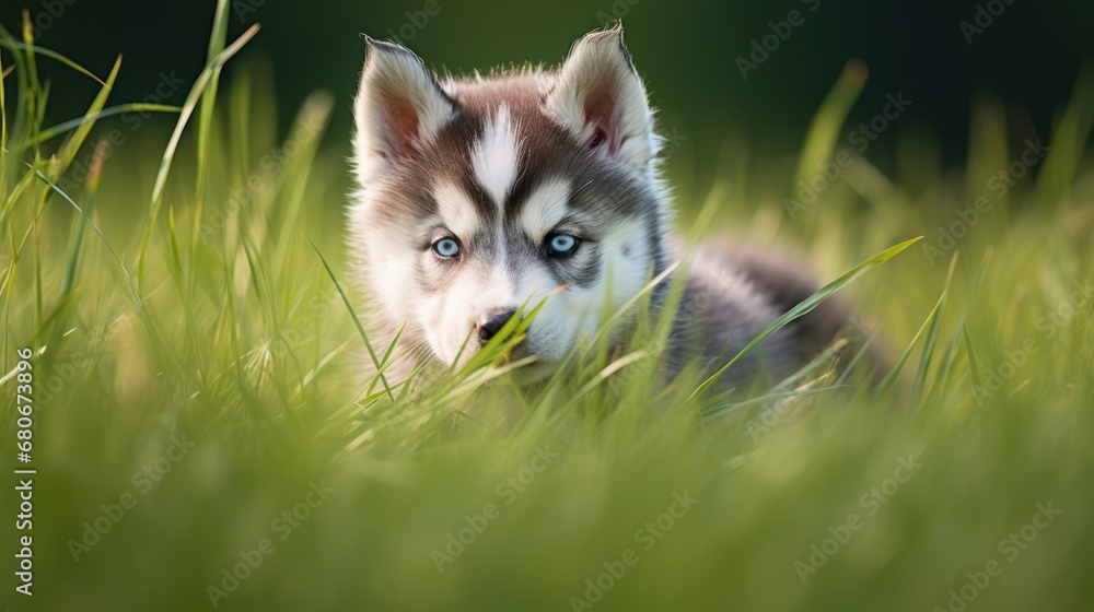 Poster a close up of a puppy laying in a field of grass with its eyes open and looking at the camera.