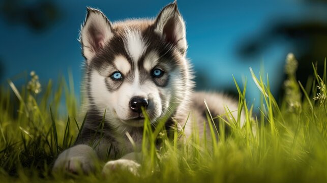  a close up of a dog laying in a field of grass with a blue eyed husky dog in the background.
