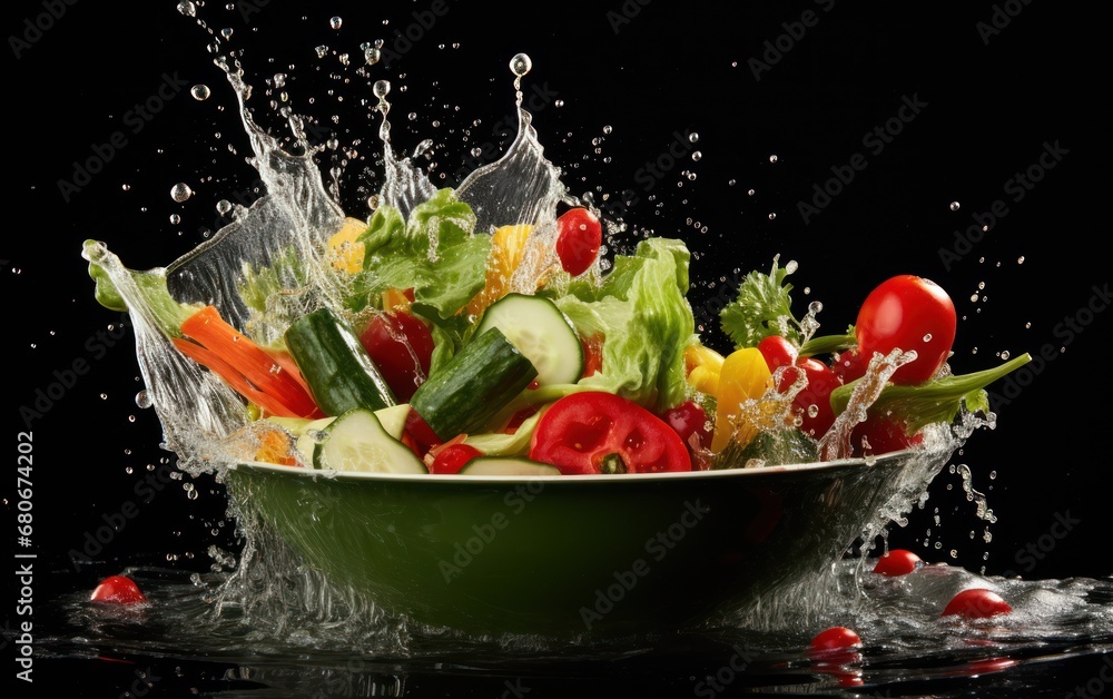 Poster  a green bowl filled with lots of different types of vegetables being splashed with water on a black background with red and green tomatoes and cucumbers.