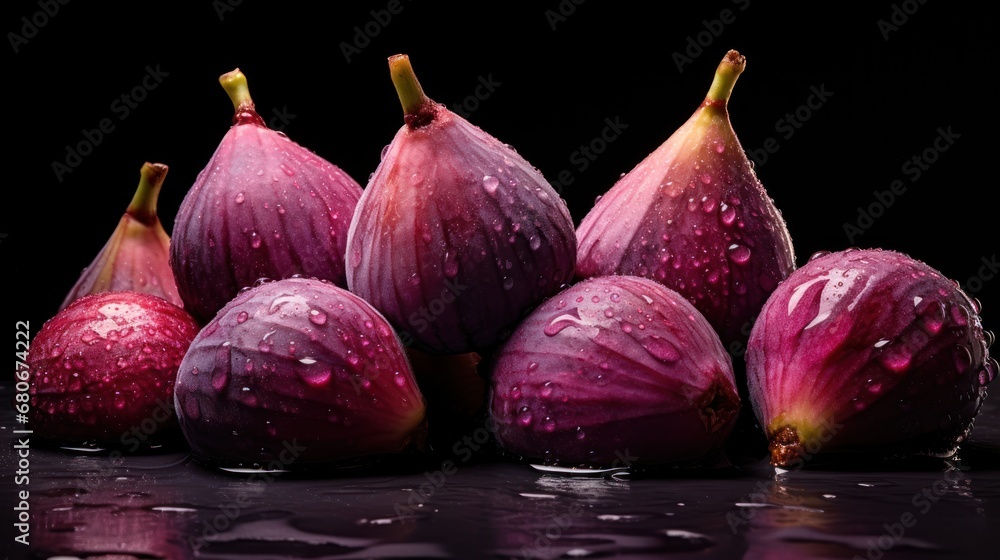 Aufkleber a group of figs sitting on top of a table with water droplets on the top and bottom of them.