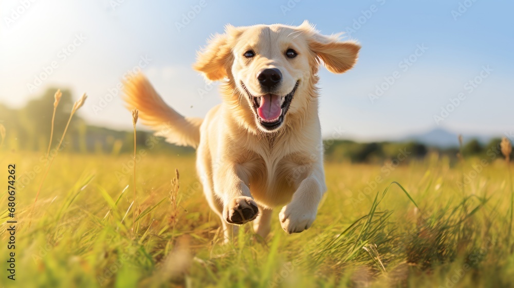 Poster a dog running through a grassy field with its mouth open and it's tongue out and it's tongue out.