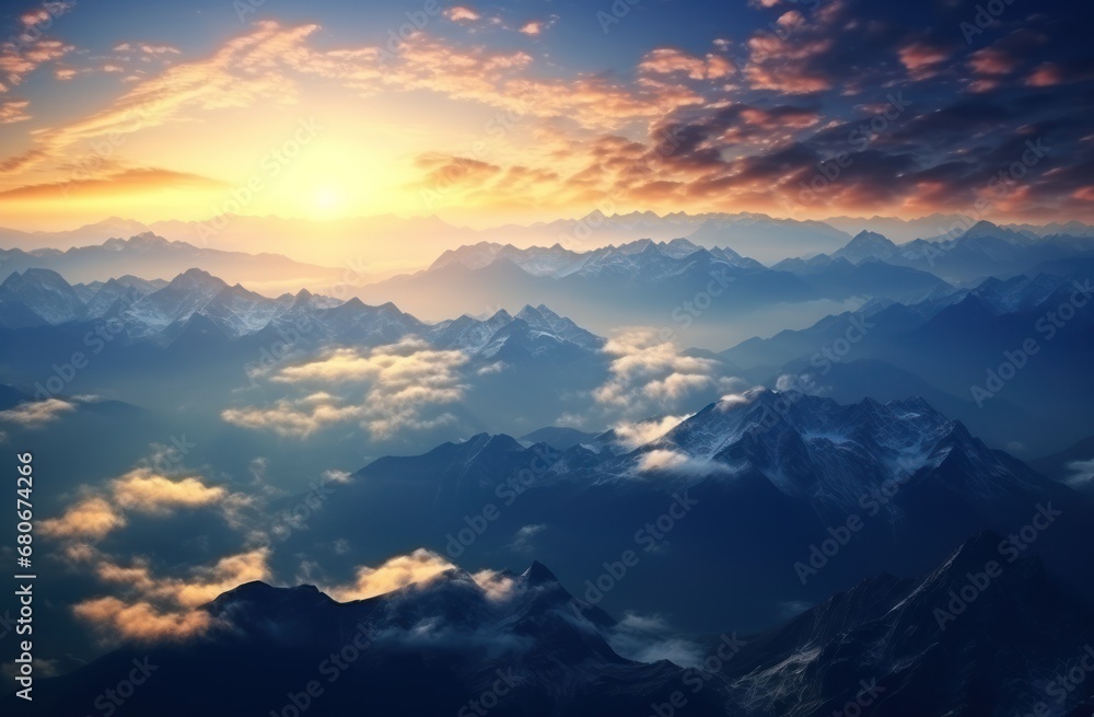 Poster the sun is setting over the mountains as seen from an airplane in the sky with clouds and mountains 