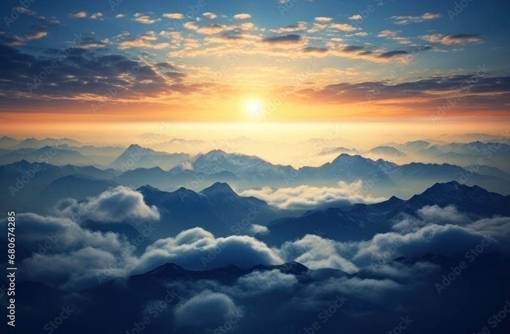 Aufkleber the sun is setting over a mountain range with clouds in the foreground and a few mountains in the ba
