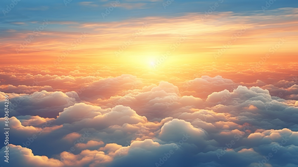 Poster the sun is setting over the clouds in the sky as seen from the window of an airplane in the sky.