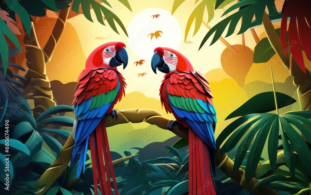 Poster two colorful parrots sitting on a tree branch in a tropical forest with palm trees and a sun in the 