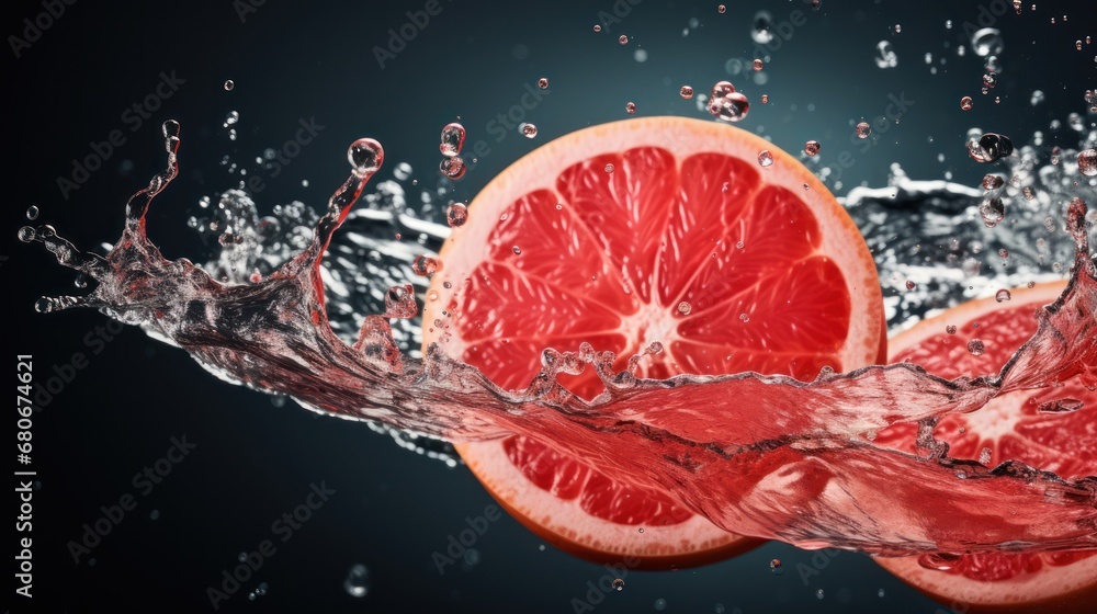 Aufkleber a grapefruit with water splashing out of it, set against a dark background the grapefruit is cut in 