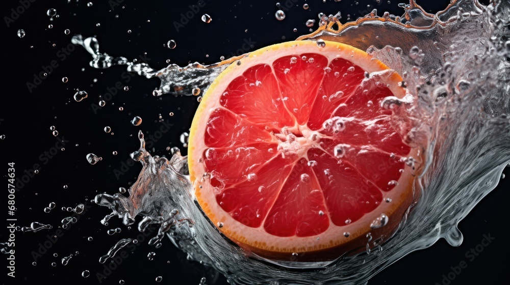 Poster a grapefruit falling into a pool of water on a black background the grapefruit is in the center of t