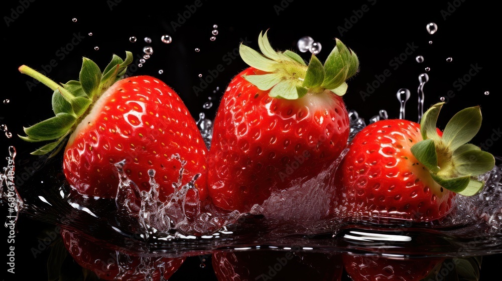 Poster a group of three strawberries splashing into a body of water with the number six on the side of the 