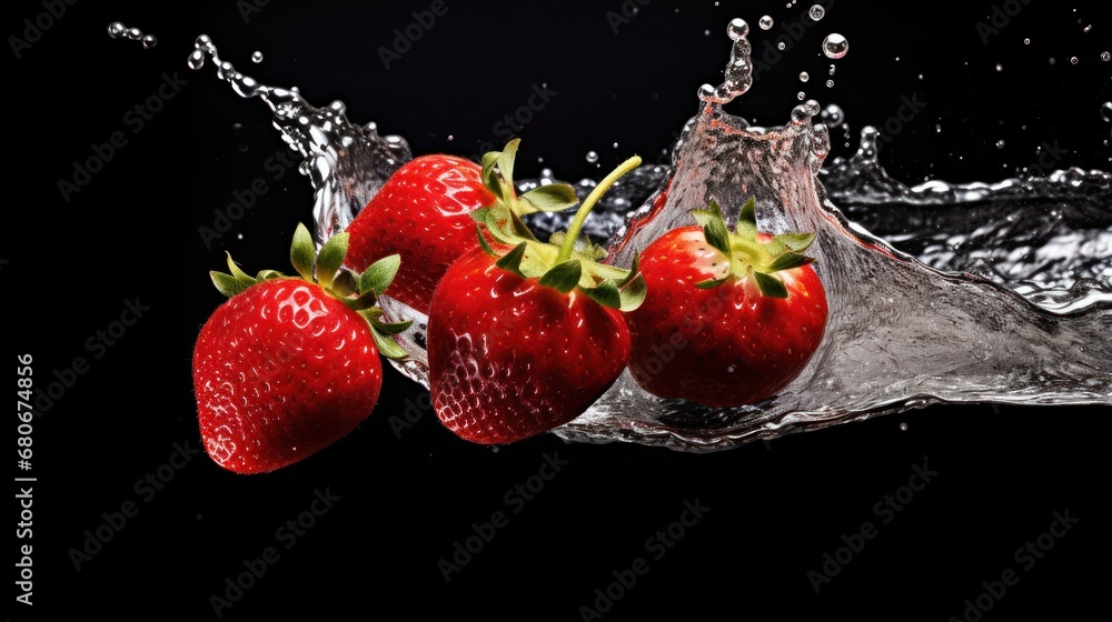 Poster three strawberries falling into the water with a splash of water on the side of the image and a spla