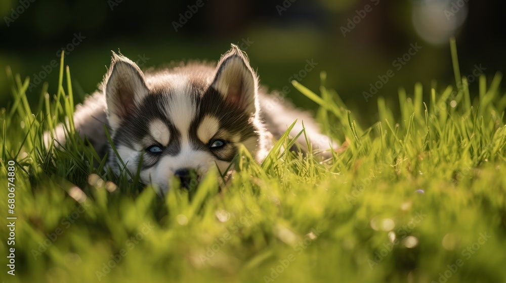 Poster a puppy is laying in the grass with its eyes open and it's head resting on it's side.