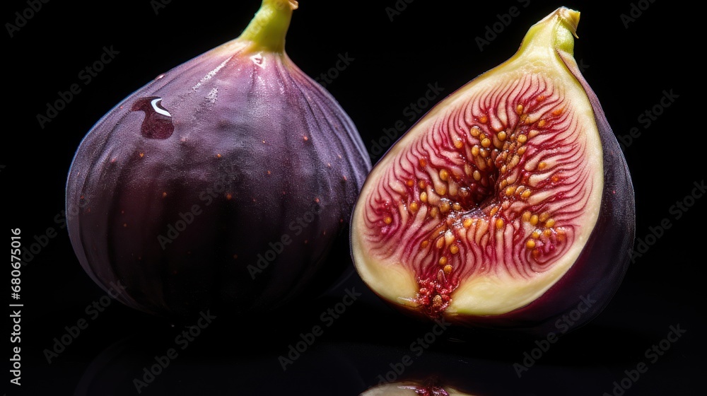 Poster a cut in half fig sitting next to a whole fig on a black surface with a reflection of the whole fig 