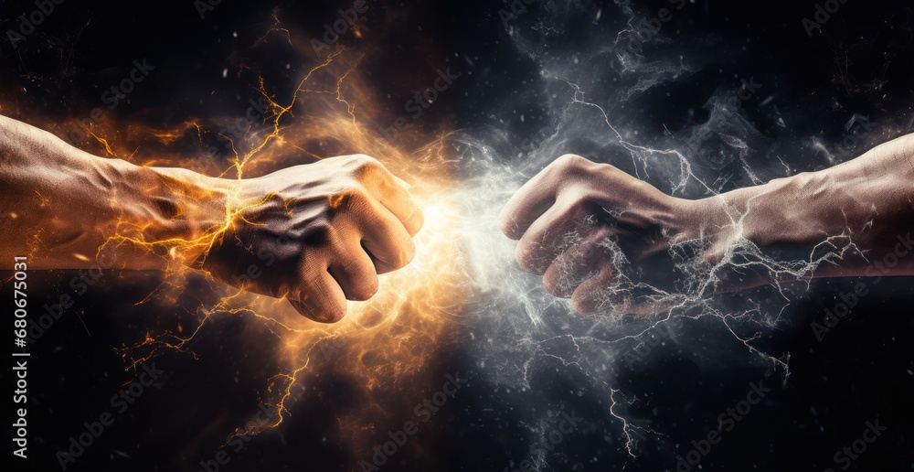 Poster a pair of hands holding each other in front of a dark background with lightning and lightening in th