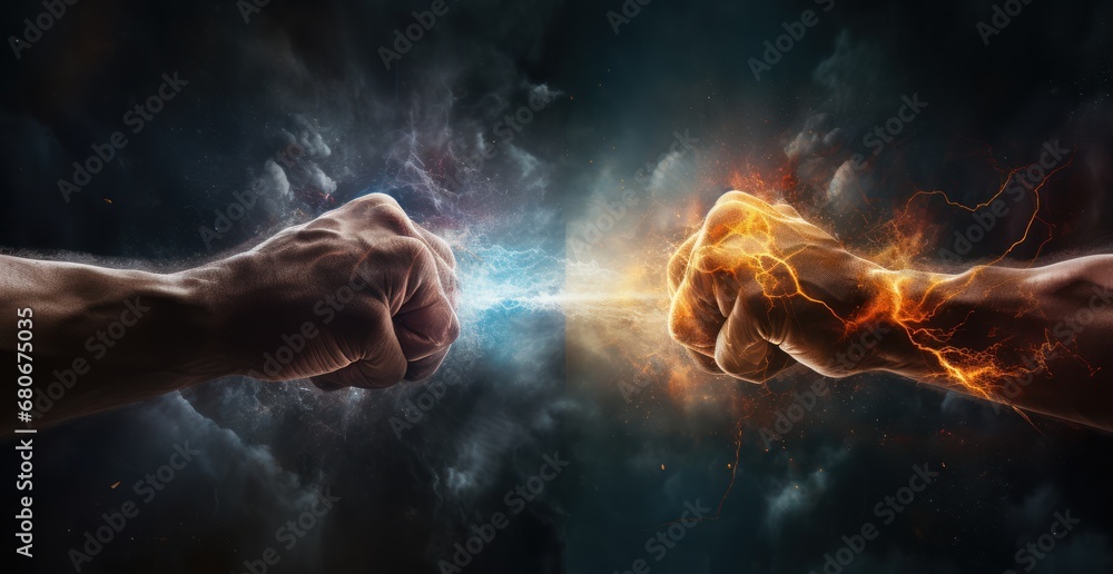 Poster a pair of hands touching each other in front of a dark background with clouds of fire and smoke in t