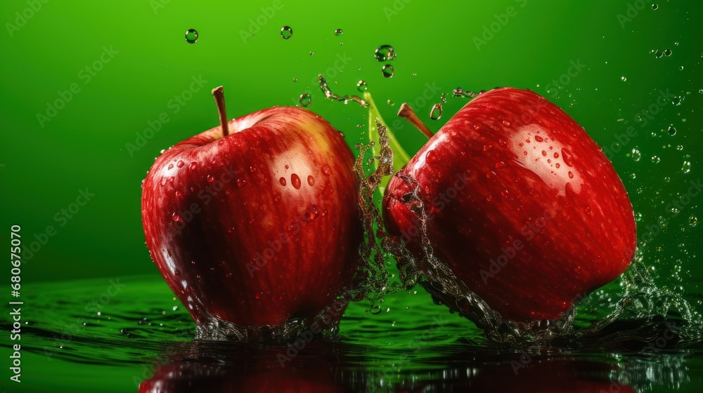 Poster two apples splashing into the water on a green background with a splash of water on the top of the t