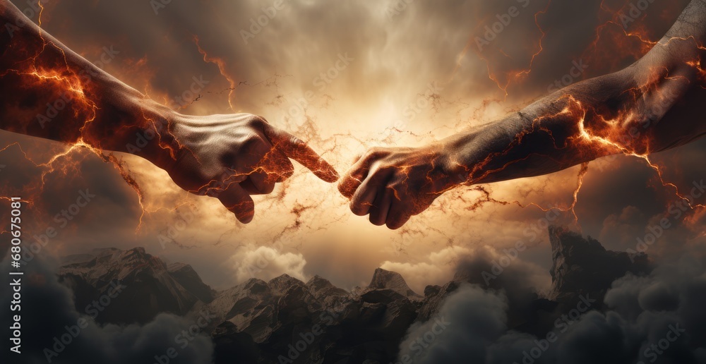 Poster a pair of hands reaching towards each other in front of a sky filled with clouds and a starburst.