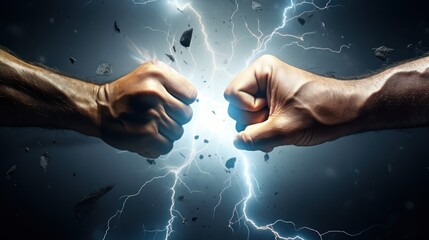  two hands holding each other in front of a flash of lightening in the dark with lightning in the background.