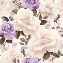 Retro cream roses seamless pattern, accented with light lavender shades