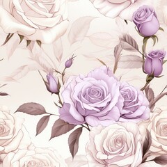 Retro cream roses seamless pattern, accented with light lavender shades