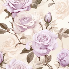 Retro cream roses seamless pattern, accented with light lavender shades