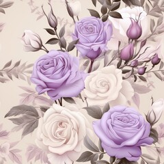 Retro cream roses seamless pattern, accented with light lavender shades