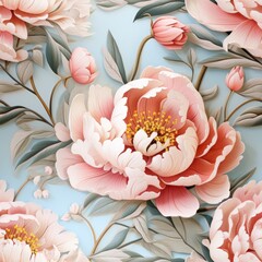 A seamless pattern of retro peony in soft pastels