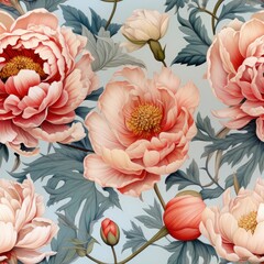 A seamless pattern of retro peony in soft pastels