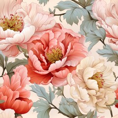 A seamless pattern of retro peony in soft pastels