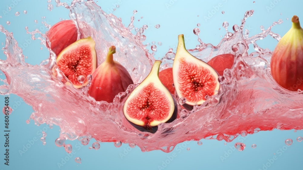 Poster a group of figs with water splashing out of them on a blue background with a splash of water.