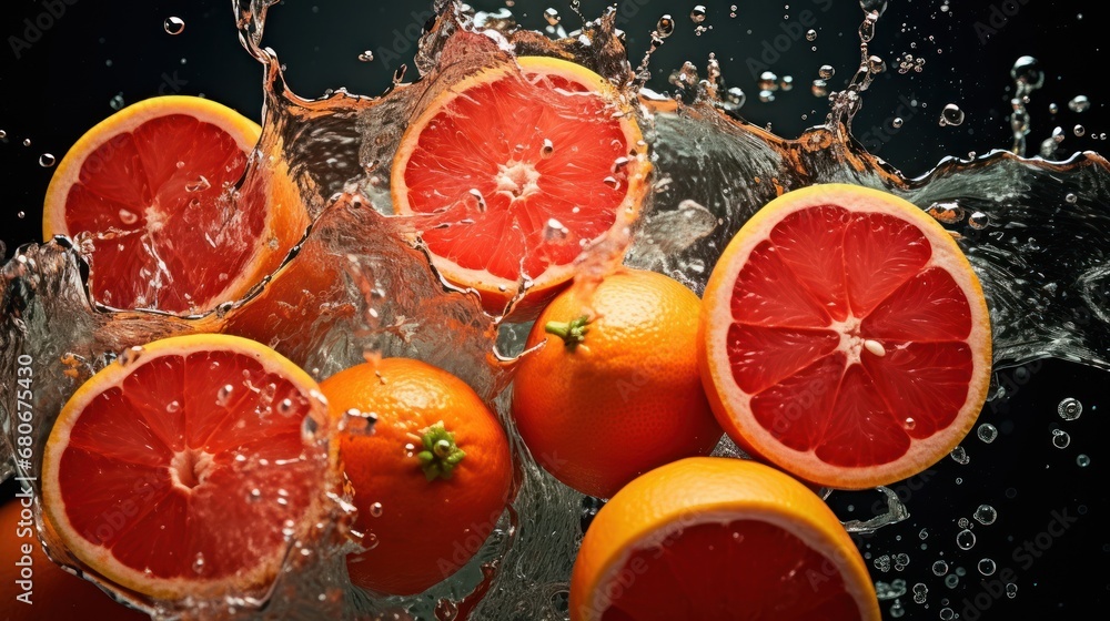 Poster a group of grapefruits with water splashing on them and on top of the other grapefruits.