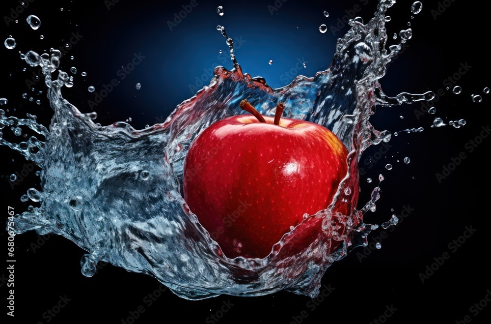 Poster a red apple splashing into a pool of water against a dark background the apple is in the center of t