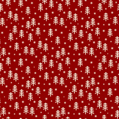 Fototapeta na wymiar Small white Christmas trees and snowflakes isolated on a red background. Cute monochrome holiday seamless pattern. Vector simple flat graphic illustration. Texture.