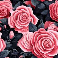 Line art pink roses seamless pattern