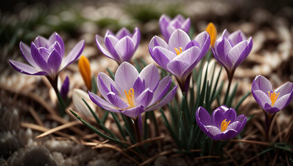 Beautiful and dainty crocus flowers, often the first to bloom in early spring - AI Generative