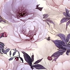 Retro cream peony seamless pattern, accented with light lavender shades