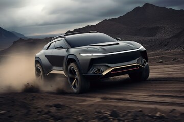 A futuristic sports SUV driving in wild terrain. - obrazy, fototapety, plakaty