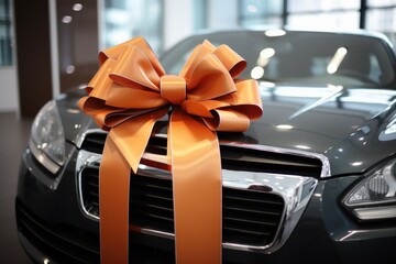 An expensive car with a ribbon as a present.