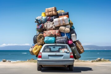 An overloaded car on the way to holiday. - obrazy, fototapety, plakaty