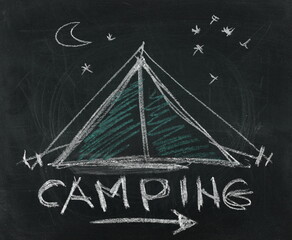 Icon camping, hand draw on chalkboard, blackboard texture