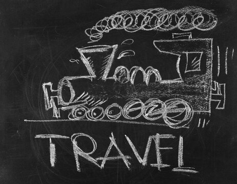 Icon travel, steam locomotive hand draw on chalkboard, blackboard texture