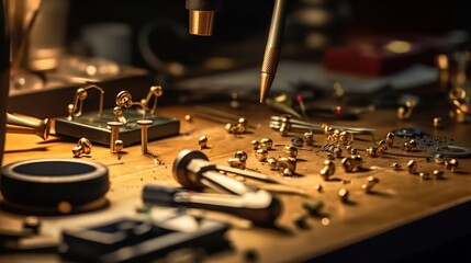 Jeweler working in his workshop. Jewelry making process - obrazy, fototapety, plakaty