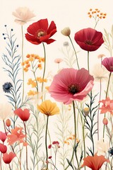 Fototapeta premium Abstract multicolor floral seamless pattern texture on a plain background. Beautiful flowers, leaves. Vector, wallpaper or banner. Great for children, birth, celebration card. Generative AI, AI