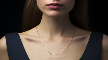 woman wearing delicate minimalistic necklace and a black evening dress, closeup isolated on black
