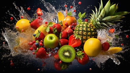 Hyper realistic and very detailed image that captures the juicy essence of exploding fruit flavor, with many fruits splashing together