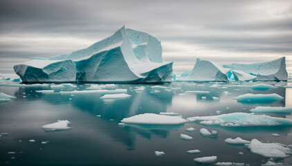 Breathtaking and surreal icebergs floating in a tranquil polar sea - AI Generative